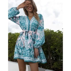 Fashion Printed V-Neck Dress Single-Breasted Lantern Sleeves Strappy Wholesale Dresses SDN561458 -Amour Vert shop 20220803035317663