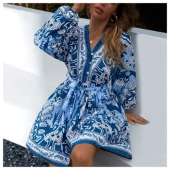 Fashion Printed V-Neck Dress Single-Breasted Lantern Sleeves Strappy Wholesale Dresses SDN561458 -Amour Vert shop 20220803035317961