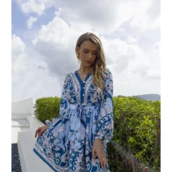 Fashion Printed V-Neck Dress Single-Breasted Lantern Sleeves Strappy Wholesale Dresses SDN561458 -Amour Vert shop 20220803035318260