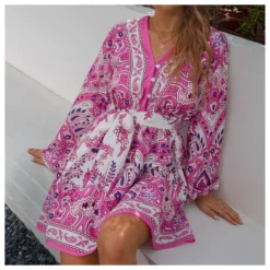 Fashion Printed V-Neck Dress Single-Breasted Lantern Sleeves Strappy Wholesale Dresses SDN561458 -Amour Vert shop 20220803035318574