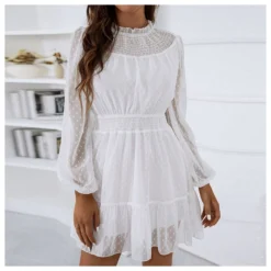 Casual Lace Trim A-Line Dress Puff Sleeves High Waist Wholesale Dresses SDN561461 -Amour Vert shop 20220803041043297