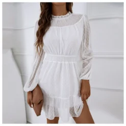 Casual Lace Trim A-Line Dress Puff Sleeves High Waist Wholesale Dresses SDN561461 -Amour Vert shop 20220803041043580