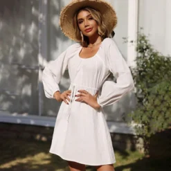 Casual Square Neck A-Line Dress Lace-Up Long Sleeve Solid Color Wholesale Dresses SDN561544 -Amour Vert shop 20220806031913047