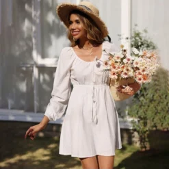 Casual Square Neck A-Line Dress Lace-Up Long Sleeve Solid Color Wholesale Dresses SDN561544 -Amour Vert shop 20220806031913345