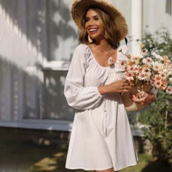 Casual Square Neck A-Line Dress Lace-Up Long Sleeve Solid Color Wholesale Dresses SDN561544 -Amour Vert shop 20220806031913660