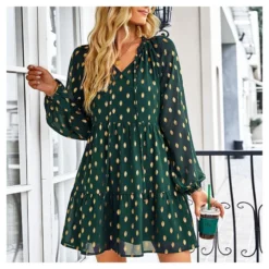Polka Dot Long Sleeve Lace-Up Casual Loose Smocked Dress Wholesale Dresses SDN535295
