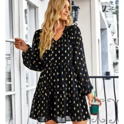 Polka Dot Long Sleeve Lace-Up Casual Loose Smocked Dress Wholesale Dresses SDN535295 -Amour Vert shop 20220901031656362 1