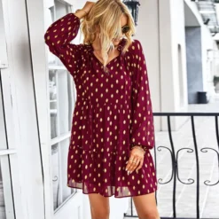 Polka Dot Long Sleeve Lace-Up Casual Loose Smocked Dress Wholesale Dresses SDN535295 -Amour Vert shop 20220901031656991 1