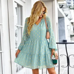 Polka Dot Long Sleeve Lace-Up Casual Loose Smocked Dress Wholesale Dresses SDN535295 -Amour Vert shop 20220901031657777 1