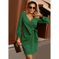 Sexy V Neck Lace-Up Mini Dress Puff Sleeve Solid Color Wholesale Dresses SDN561528 -Amour Vert shop 20220905053401472