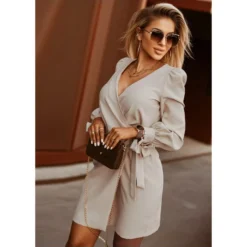 Sexy V Neck Lace-Up Mini Dress Puff Sleeve Solid Color Wholesale Dresses SDN561528 -Amour Vert shop 20220905053401850