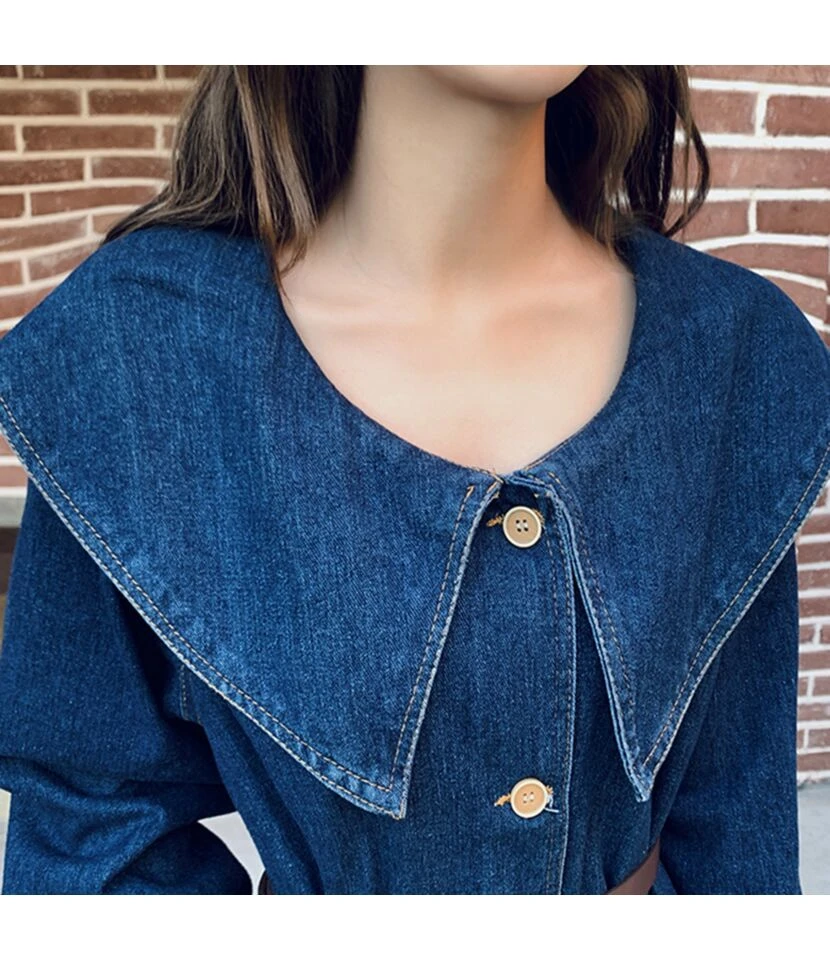 Wholesale Navy Collar Denim Dress With Belt SD181156 7 Wholesale Navy Collar Denim Dress With Belt SD181156 - Image 5