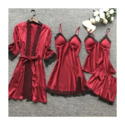 4 Pieces Lace Trim Satin Sleepwear Set Belted Kimono + Suspender Dress + Cami Top + Shorts -Amour Vert shop 210104305 3