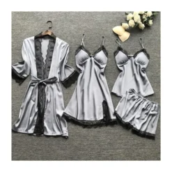 4 Pieces Lace Trim Satin Sleepwear Set Belted Kimono + Suspender Dress + Cami Top + Shorts -Amour Vert shop 210104305 4