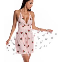 Deep V-neck Sequins Strawberry Embroidered Halter Dress -Amour Vert shop 210104414 2