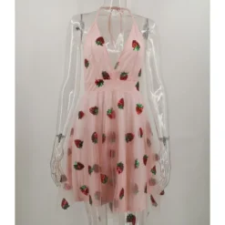 Deep V-neck Sequins Strawberry Embroidered Halter Dress -Amour Vert shop 210104414 4