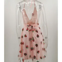 Deep V-neck Sequins Strawberry Embroidered Halter Dress -Amour Vert shop 210104414 6