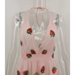 Deep V-neck Sequins Strawberry Embroidered Halter Dress -Amour Vert shop 210104414 7