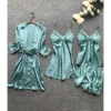 Four Pieces Lace Scallop Satin Pajama Set Kimono + Cami Dress + Camisole + Shorts -Amour Vert shop 210114480 1