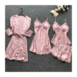 Four Pieces Lace Scallop Satin Pajama Set Kimono + Cami Dress + Camisole + Shorts -Amour Vert shop 210114480 2