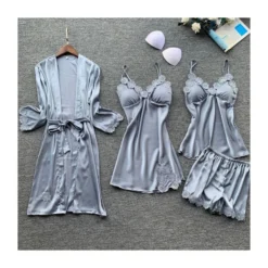 Four Pieces Lace Scallop Satin Pajama Set Kimono + Cami Dress + Camisole + Shorts -Amour Vert shop 210114480 3