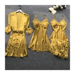 Four Pieces Lace Scallop Satin Pajama Set Kimono + Cami Dress + Camisole + Shorts -Amour Vert shop 210114480 4