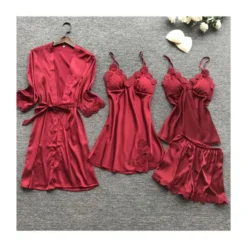 Four Pieces Lace Scallop Satin Pajama Set Kimono + Cami Dress + Camisole + Shorts -Amour Vert shop 210114480 5