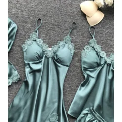Four Pieces Lace Scallop Satin Pajama Set Kimono + Cami Dress + Camisole + Shorts -Amour Vert shop 210114480 6