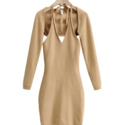 Two Pieces Jersey Set Crop Cardigan With Backless Halter Dress -Amour Vert shop 210118533 2