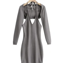 Two Pieces Jersey Set Crop Cardigan With Backless Halter Dress -Amour Vert shop 210118533 3