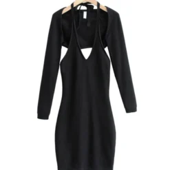 Two Pieces Jersey Set Crop Cardigan With Backless Halter Dress -Amour Vert shop 210118533 4