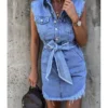 Curvy Fringe Hem Belted Denim Tank Dress
