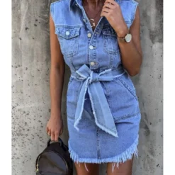 Curvy Fringe Hem Belted Denim Tank Dress