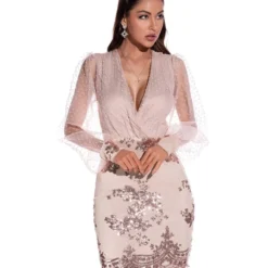 Mesh Sleeve V-neck Sequins Stitch Party Dress -Amour Vert shop 210330099 1