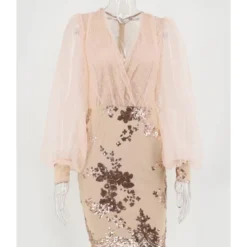 Mesh Sleeve V-neck Sequins Stitch Party Dress -Amour Vert shop 210330099 4