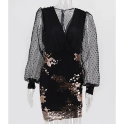 Mesh Sleeve V-neck Sequins Stitch Party Dress -Amour Vert shop 210330099 7