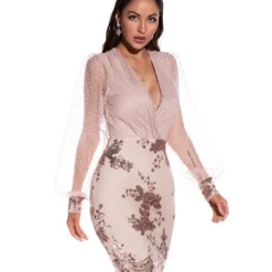 Mesh Sleeve V-neck Sequins Stitch Party Dress -Amour Vert shop 210330099 9