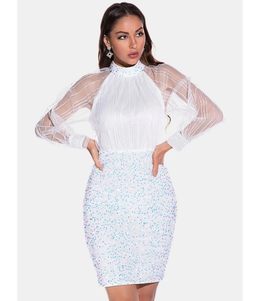 Mock Neck Mesh Patchwork Sequins Party Dress 3 Mock Neck Mesh Patchwork Sequins Party Dress