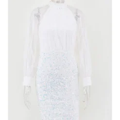 Mock Neck Mesh Patchwork Sequins Party Dress 13 Mock Neck Mesh Patchwork Sequins Party Dress -Amour Vert shop 210330956 4