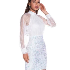 Mock Neck Mesh Patchwork Sequins Party Dress 11 Mock Neck Mesh Patchwork Sequins Party Dress -Amour Vert shop 210330956 6