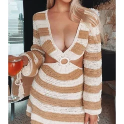 V-neck Cutout Stripe Knitted Beach Dress