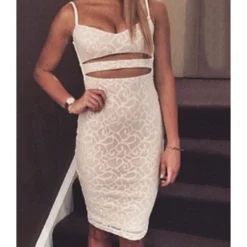 Pure Color Hollow Embroidery Mesh Lace Sling Bodycon Dress