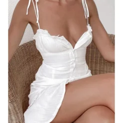 Tie Shoulder Ruffle Trim Single-breasted White Cami Dress 210524066 -Amour Vert shop 210524066 10