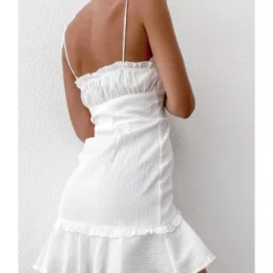 Tie Shoulder Ruffle Trim Single-breasted White Cami Dress 210524066 -Amour Vert shop 210524066 2