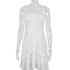 Tie Shoulder Ruffle Trim Single-breasted White Cami Dress 210524066 -Amour Vert shop 210524066 3