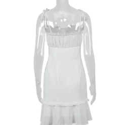 Tie Shoulder Ruffle Trim Single-breasted White Cami Dress 210524066 -Amour Vert shop 210524066 5