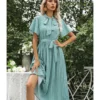 Flare Sleeve Drawstring Waist Lace-up Pleated Dress 210524249 -Amour Vert shop 210524249 cyan