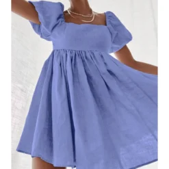 Square Collar Puffed Sleeves Plain Color Linen A-line Dress 210524703 -Amour Vert shop 210524703 1 1