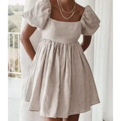 Square Collar Puffed Sleeves Plain Color Linen A-line Dress 210524703