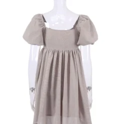 Square Collar Puffed Sleeves Plain Color Linen A-line Dress 210524703 -Amour Vert shop 210524703 5